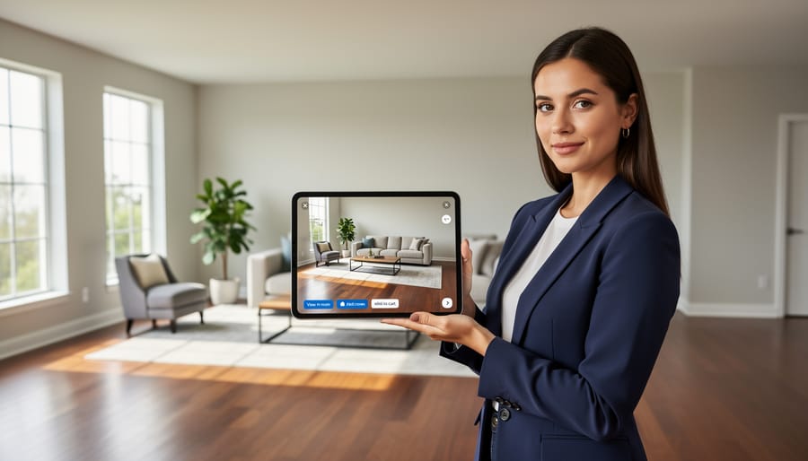 Woman using digital visualization tools to preview luxury furniture in home setting