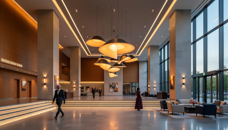 Dramatic cascading chandelier with brass and crystal elements in luxury hotel lobby