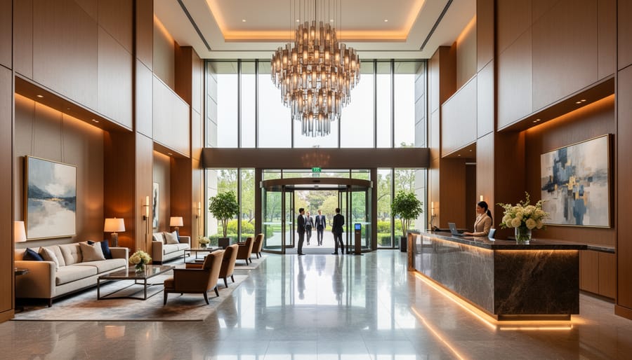 Elegant upscale hotel lobby with crystal chandelier, marble floors, and luxury seating