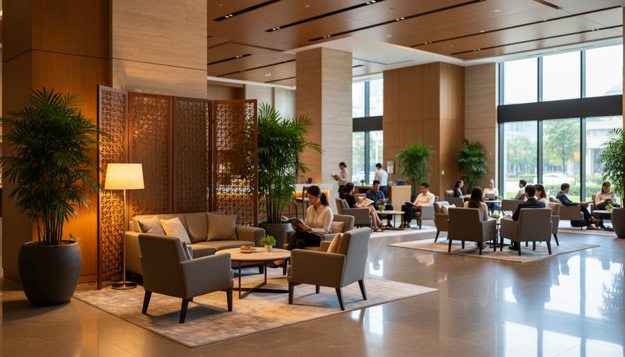 Intimate seating area with leather club chairs and Persian rug in hotel lobby