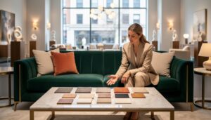 Tailored design consultant presenting fabric and wood finish swatches on a marble coffee table in a high-end furniture showroom with an emerald velvet sofa, soft daylight, and sculptural lighting, with the background softly blurred.
