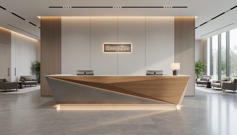 Custom-designed hotel reception desk with curved walnut wood and brass accents