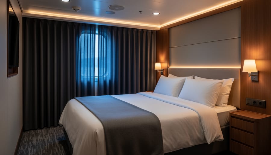 Bed in a cruise interior stateroom with curtains closed and a bedside lamp creating warm light