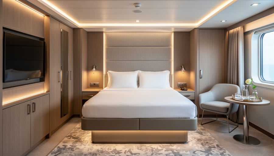 Luxury cruise interior stateroom with a made bed, compact desk area, and warm indoor lighting