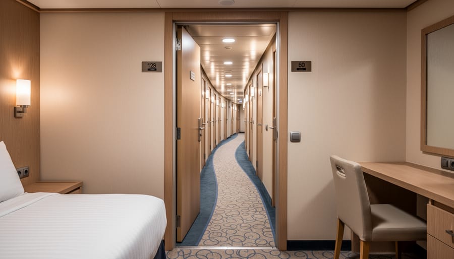 View from a cruise interior stateroom doorway toward a softly lit ship corridor