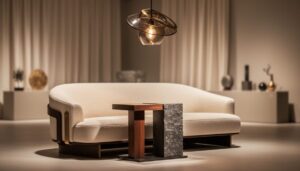 Premium interior vignette showing a luxurious sofa, a handcrafted side table, and a sculptural glass pendant light with rich textures and warm lighting.