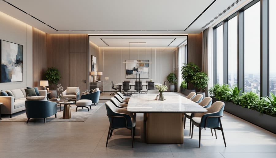 Luxury living room with cream bouclé seating, brass lighting, and a marble coffee table in soft natural light