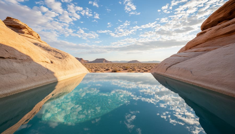 Library pool at Amangiri carved into desert stone with calm water and sandstone surroundings