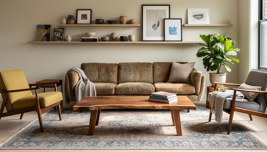 Stylish living room with artisan furniture including a hand-finished sofa and sculptural side table