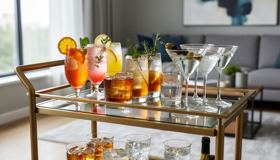 Bar cart styled with decorative trays holding stemware, a decanter, and garnishes.