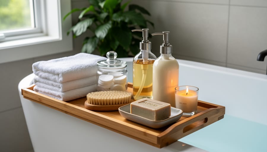 Bathroom spa setup with decorative tray holding rolled towels, bath salts, soap, and a candle.