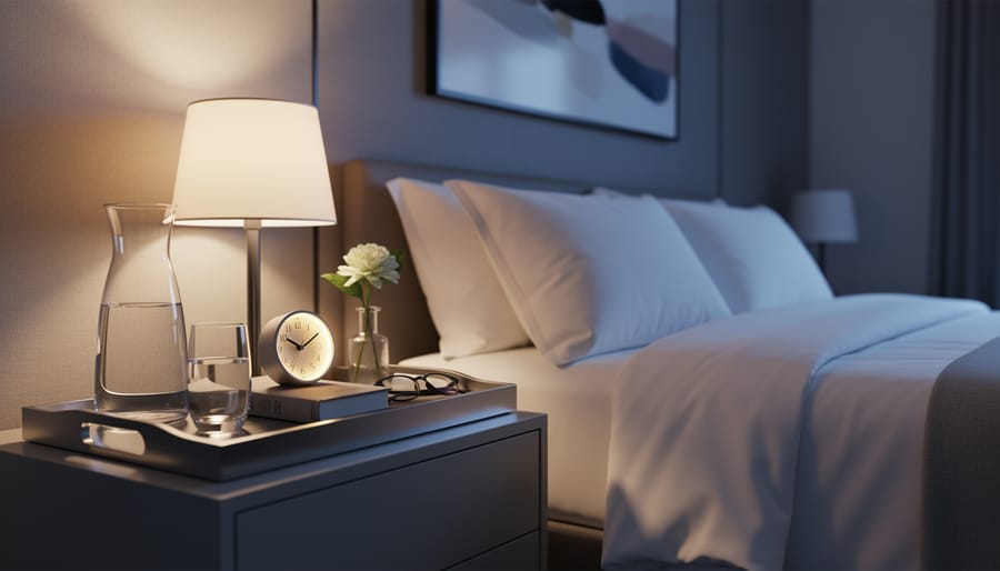 Bedside tray with water carafe, reading lamp, book, and small flowers.