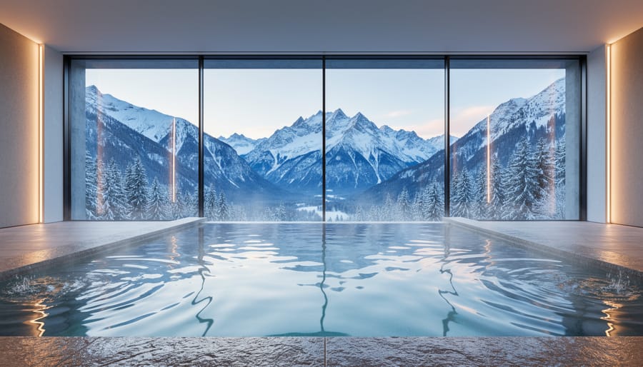 Heated outdoor pool behind floor-to-ceiling glass with Swiss Alps view