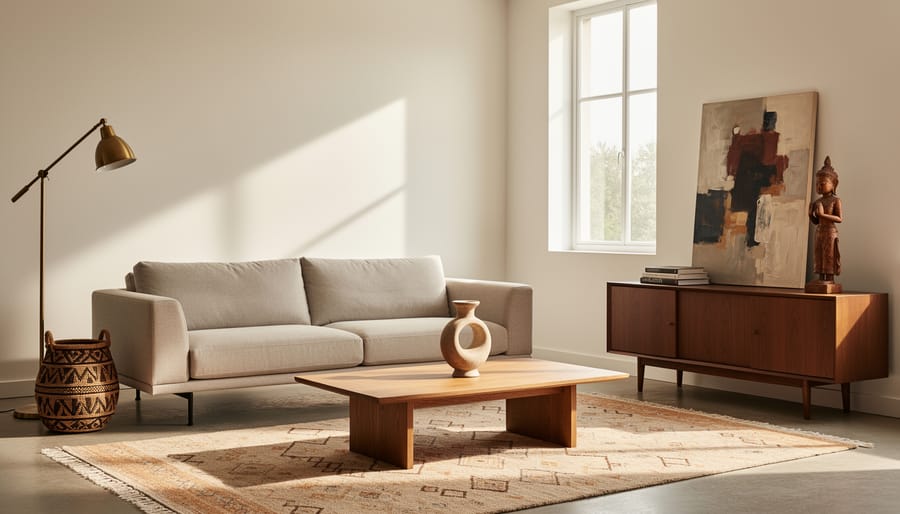 Curated design vignette with a designer chair, Japanese ceramic vase, and elegant lighting in a bright studio setting.