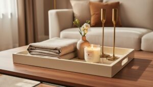 A styled decorative lacquer tray on a modern coffee table with a candle, ceramic vase, and neatly arranged accessories under soft natural daylight.