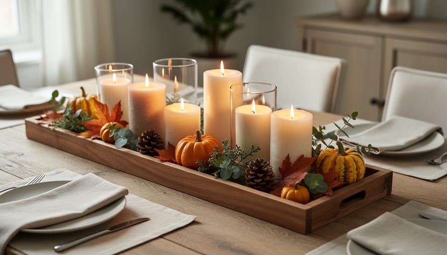 Dining table with a long decorative tray centerpiece featuring candles and seasonal decor.
