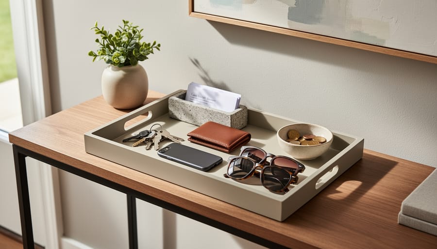 Decorative tray on an entry console holding keys, mail, and a succulent near the front door.