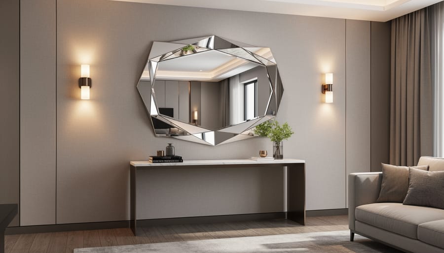 Geometric modern statement mirror above a console table with dramatic side lighting