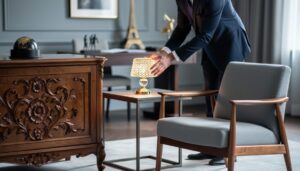 Luxury furniture and lighting in a refined living room, with hands carefully placing a French-style crystal lamp beside a carved Italian credenza and Danish modernist chair.