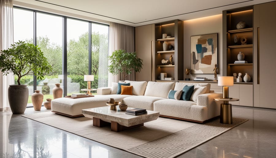 Luxurious living room with designer furniture and a globe ornament suggesting global, seamless luxury styling.
