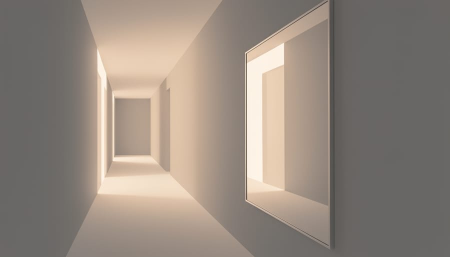 Statement mirror in a hallway reflecting warm chandelier light and seating area