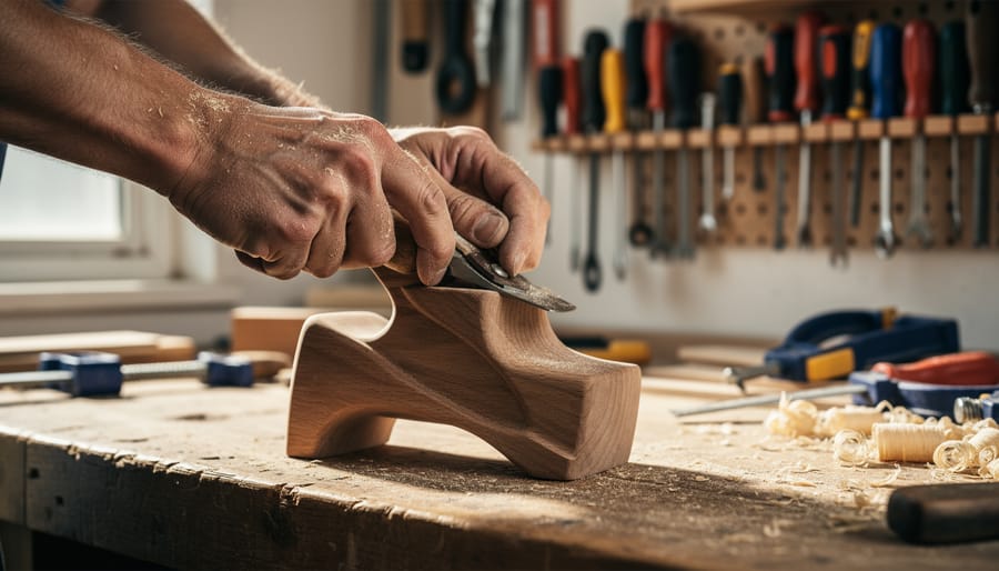 Designer’s hands carving and assembling a wooden chair frame in a workshop