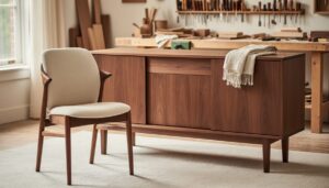 Handcrafted wooden sideboard and dining chair in a warmly lit room, highlighting detailed wood grain and traditional joinery.