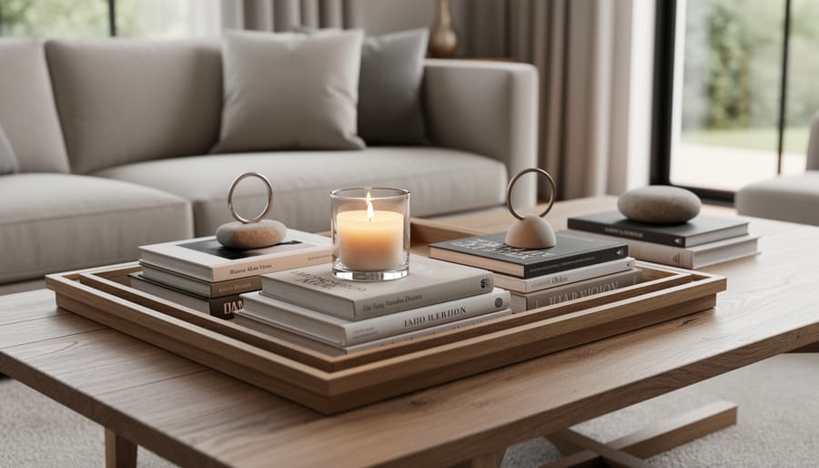 Rectangular coffee table with a layered decorative tray holding art books, a vase, and a candle.