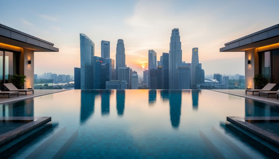 Infinity rooftop swimming pool overlooking Marina Bay Sands and the illuminated city skyline