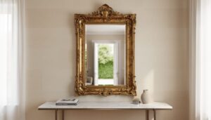Oversized gilded statement mirror above a marble-topped console in a bright entryway, with greenery reflected in the mirror.