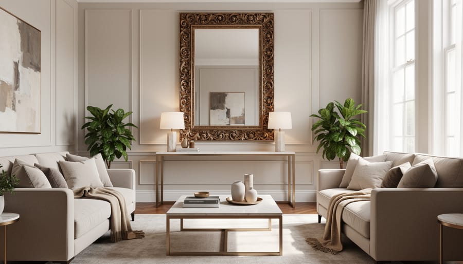 Ornate gilded statement mirror in a luxurious living room with soft natural light