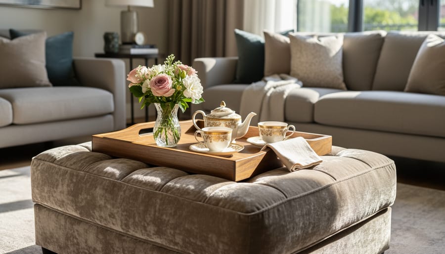 Decorative tray on an upholstered ottoman holding a cocktail and appetizers.