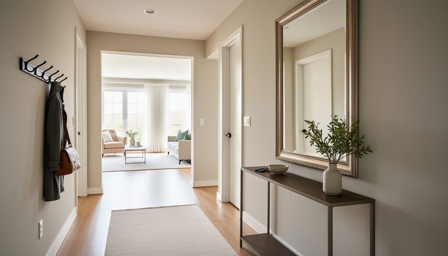 Oversized gilded statement mirror reflecting a styled entryway with console table decor and warm lighting.