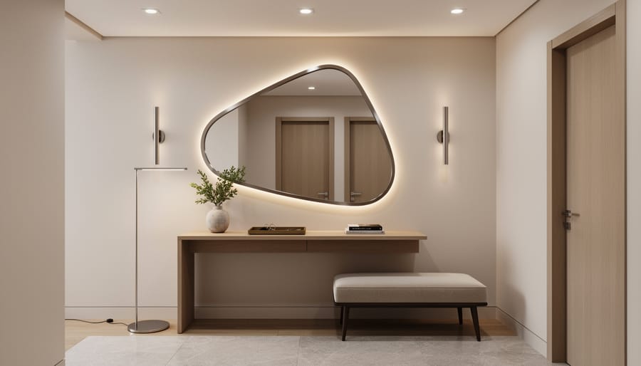 Contemporary entryway with a sculptural statement mirror above a console, lit by sconces and natural light.