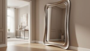 Oversized statement mirror with a sculptural frame in a modern entryway, reflecting soft daylight across the foyer.