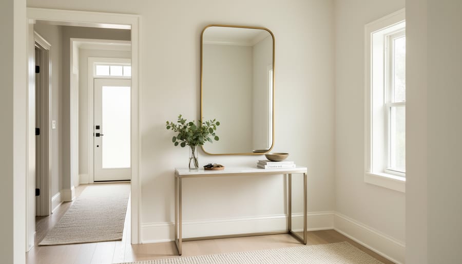 Statement mirror above a console table in a modern entryway with soft light and stylish decor reflecting in the mirror.
