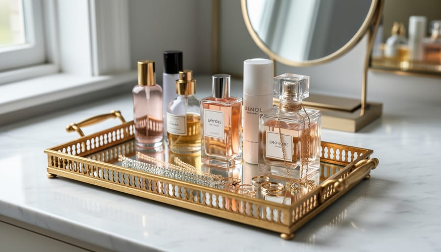 Vanity tray with mirrored surface holding perfume bottle, jewelry box, and small accessories.