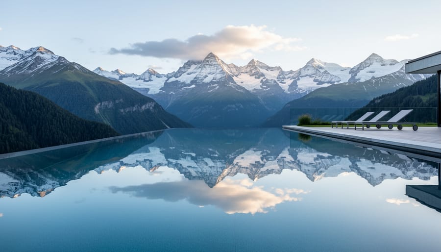 Minimalist infinity pool at Cambrian Hotel in Adelboden reflecting the Bernese Alps
