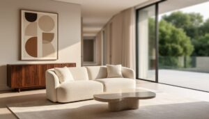 Contemporary luxury living room with a hand-finished walnut credenza, cream sofa, stone coffee table, and soft natural daylight near a window and terrace.