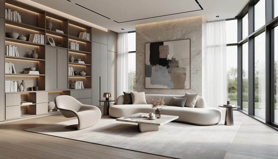 Contemporary luxury living room with sculptural sofa, travertine coffee table, walnut furniture, and abstract wall art.