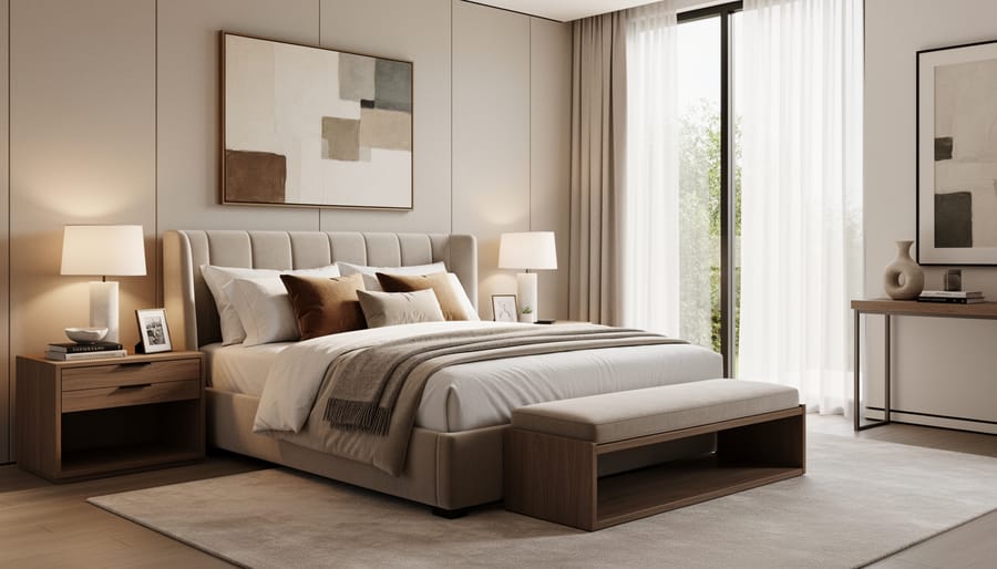 Serene primary bedroom corner with tailored linen bed, reading chair, stone side table, and warm morning light.