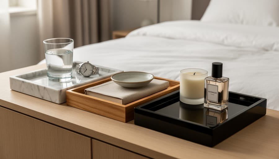 Multiple decorative trays on a tabletop showing different finishes: marble, natural wood, and lacquered surfaces.