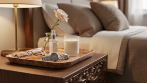 Close-up of a luxurious nightstand with a decorative tray holding a watch, reading glasses, skincare items, a candle, and a single bloom in a vase.