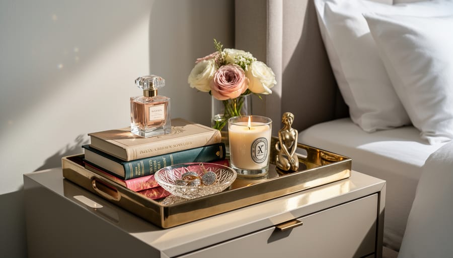 Metallic mirrored tray on a nightstand styled with crystal candle holder, jewel-toned accents, greenery, and reflective highlights.