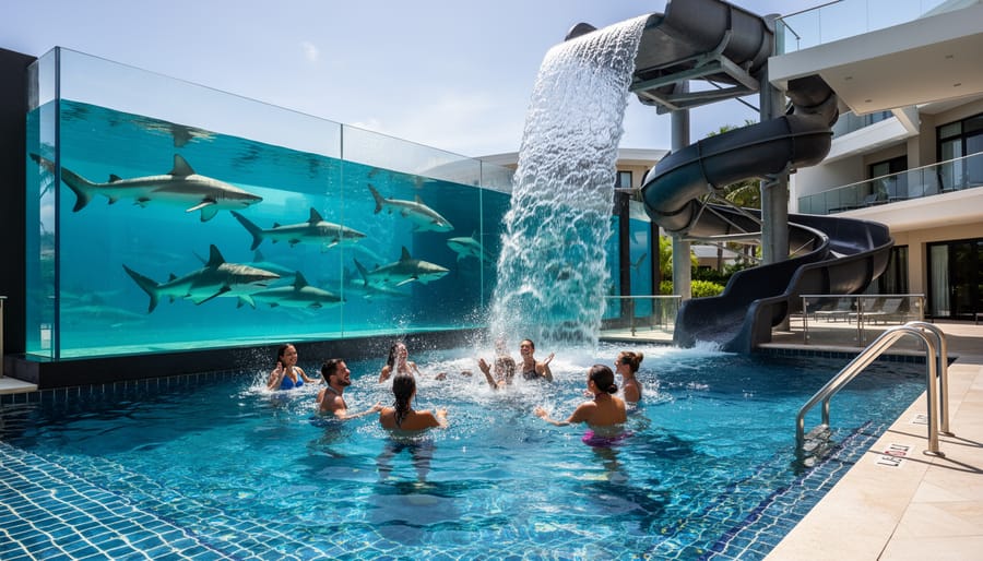 Golden Nugget pool slide with sharks swimming in the aquarium behind clear water