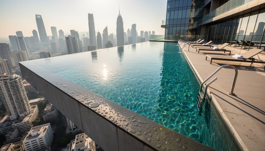 Cantilevered infinity pool at the Joule Hotel extending over downtown Dallas