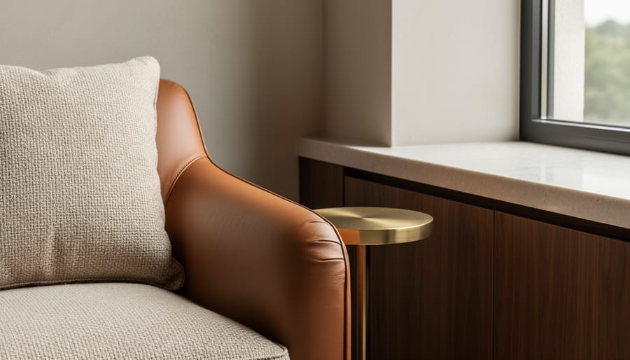 Close-up of a luxury console with ceramic vase, brass lamp base, and textured textiles over natural wood and stone.
