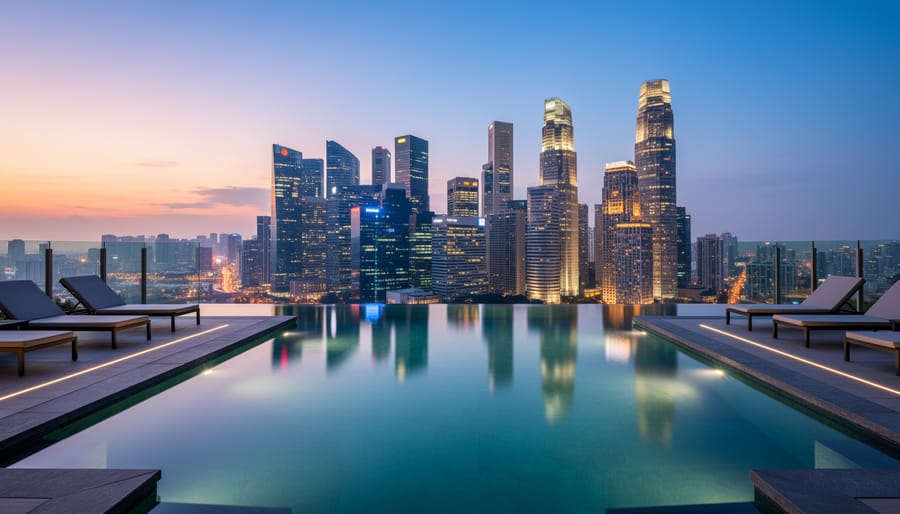 Infinity pool on the Marina Bay Sands SkyPark with the Singapore skyline at dusk