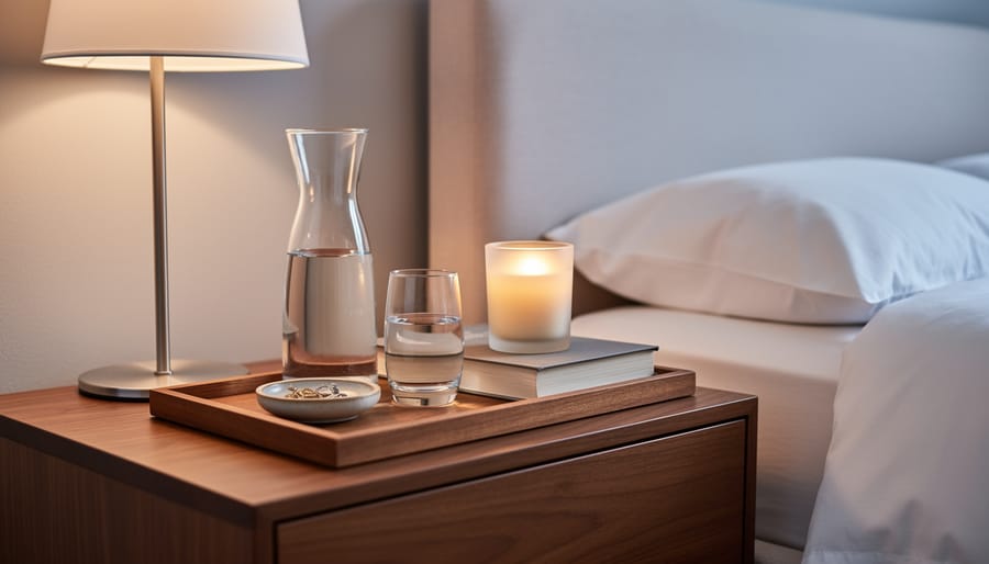 Decorative tray on a nightstand holding a small clock, perfume bottle, water carafe, and reading glasses with warm lamplight.