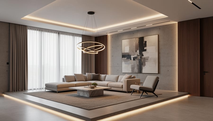 Dining room featuring a sculptural chandelier, organic wood table, neutral upholstered chairs, and warm ambient lighting.